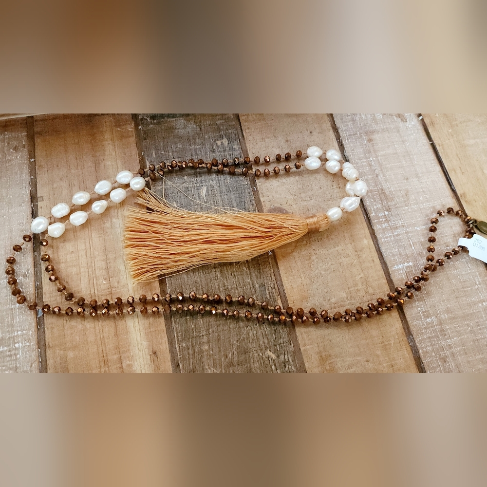 Zacasha Boho Faceted Crystal and Pearl Tassel Drop Necklace Amber Copper NWT